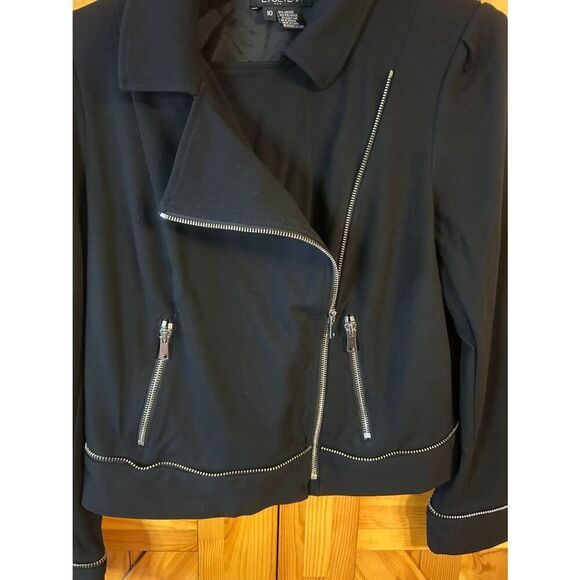 Etcetera Womens Moto Jacket Black Zip Pockets Snap Collar Size 10 (5359) - Picture 2 of 6
